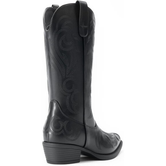 Dream Pairs Women's All Black Mid Calf Cowgirl Boot Square Toe Chunky Heel Shoes - Picture 4 of 7